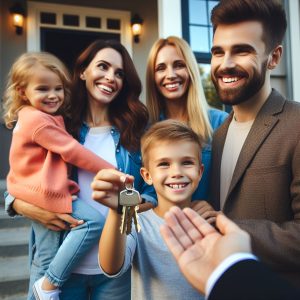 a family outside a house being given keys to the house