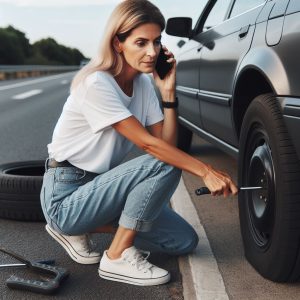 a lady changing a car tyre