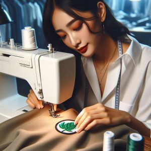Lady sewing on her company logo on to her clothing so they are tax deductible