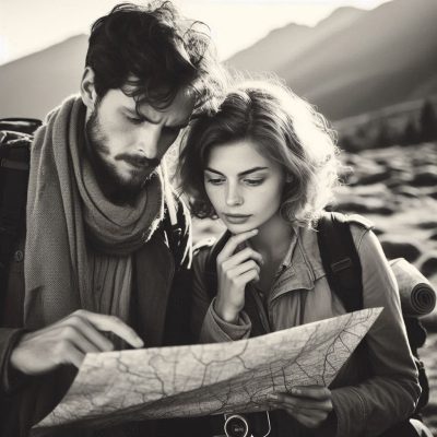 A man and woman using a map to find a thames coromandel accountants