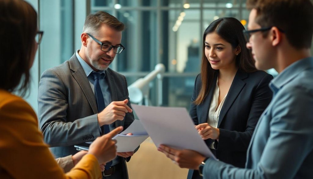 Two business owners formally discussing a report