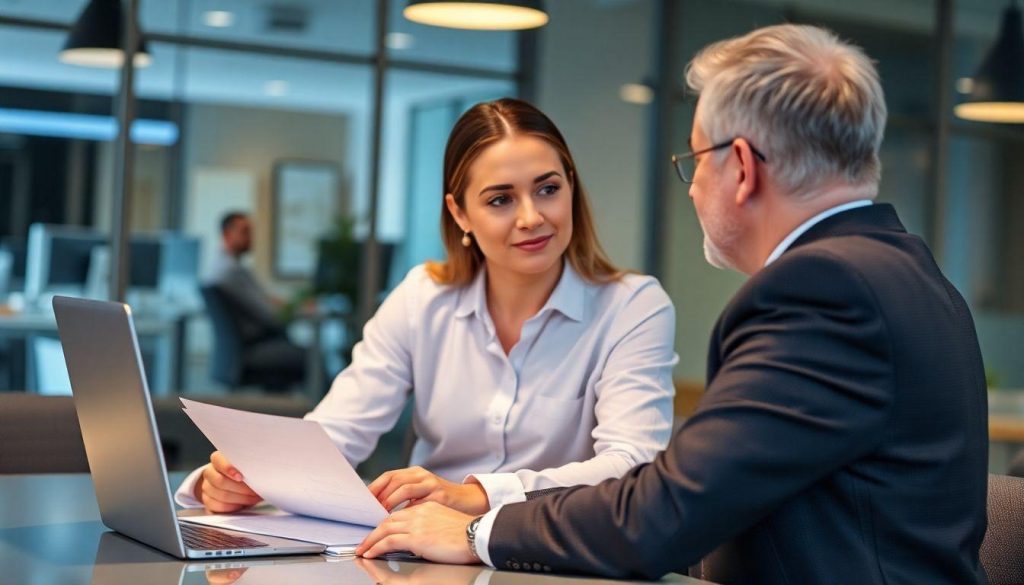 A lady and man at a desk discussing business issues