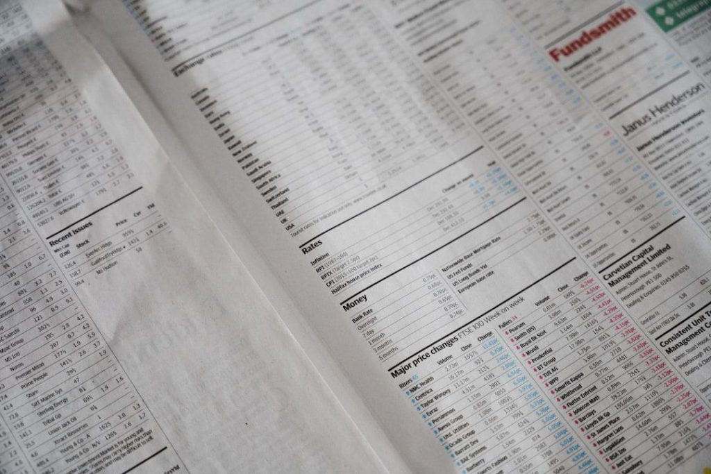 newspaper with financial markets summaries from the share market showing business failure