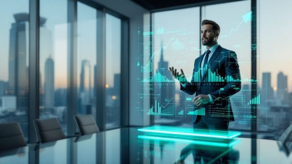 a photo of a man in front of a futuristic whiteboard drawing graphs representing business Turnaround Strategies