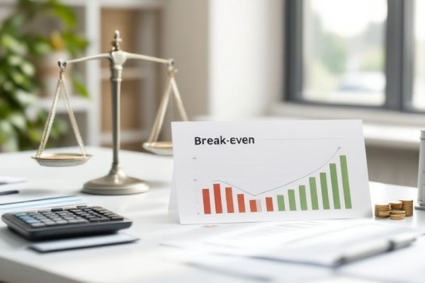 Close‑up of a laptop screen displaying a financial chart or graph with bars or lines trending toward a “break-even” point, placed on a clean work desk alongside a calculator and notepad—conveying the analytical process of calculating the exact sales level needed to cover costs.