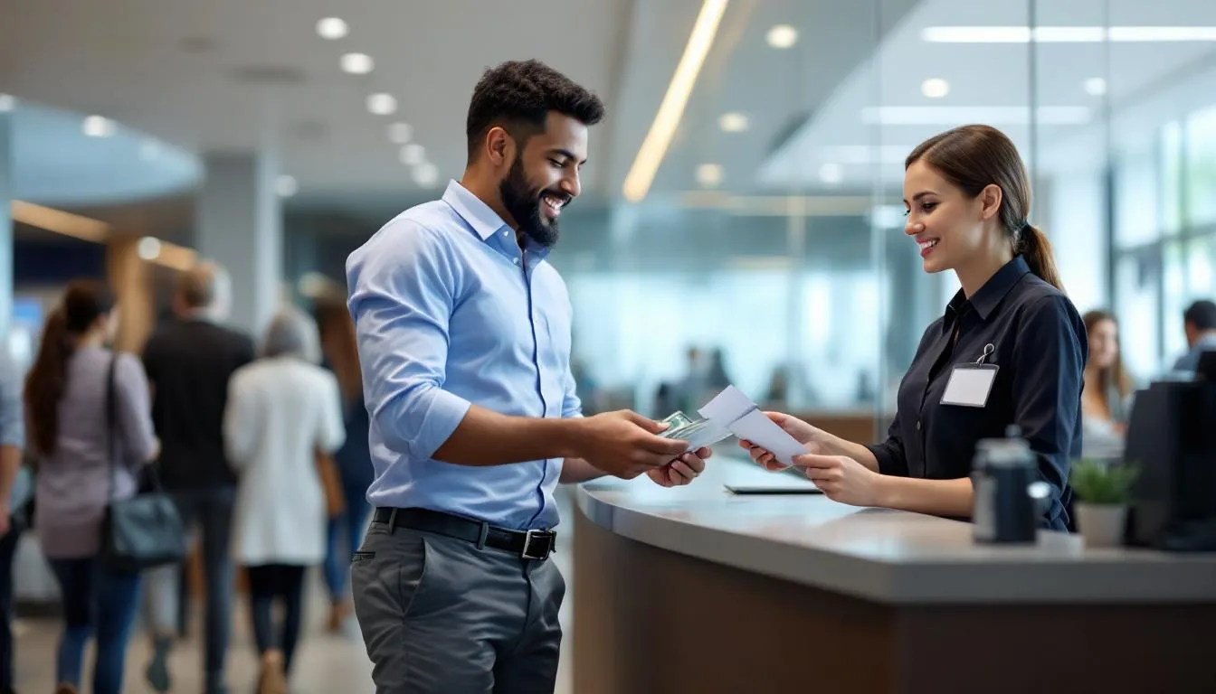In the image, a person is making a deposit into their savings account, possibly reflecting the process of contributing to a KiwiSaver scheme. The scene emphasizes the importance of employer contributions and employee contributions in building savings for the future.
