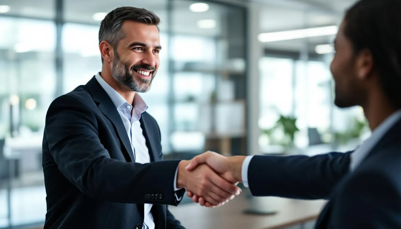 In the image, an employer is shaking hands with a new employee, symbolizing the start of their professional relationship. This gesture reflects the employer's commitment to fulfilling their kiwisaver obligations, including contributions to the kiwisaver scheme for the new employee's future savings.