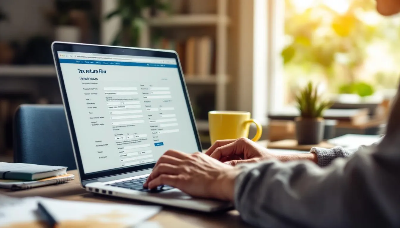 The image depicts a person sitting at a desk, focused on a computer screen while submitting their tax return online. Various documents related to business expenses and GST registration are scattered around, indicating they are managing their goods and services tax obligations efficiently.