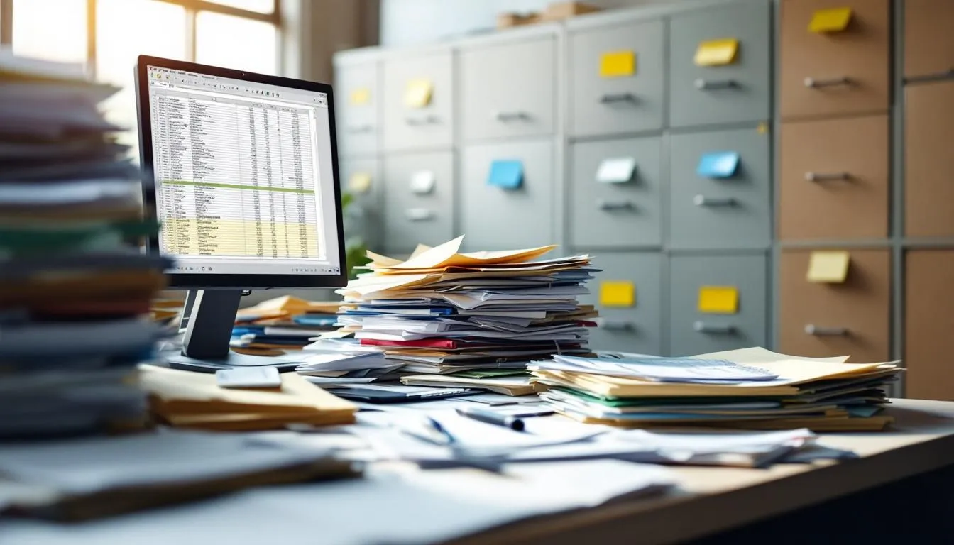 In the image, a person is organizing various filing records related to their business, including tax invoices and GST documents. The scene emphasizes the importance of maintaining accurate records for services tax, GST returns, and business expenses to ensure compliance with tax regulations.