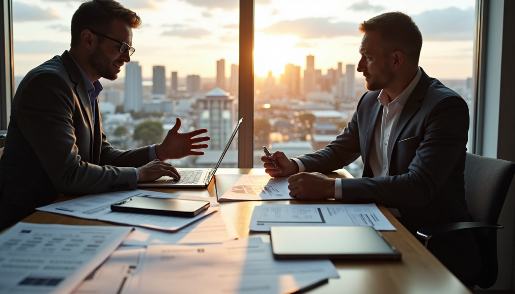 Two business owners discussing tax paperwork in Auckland office
