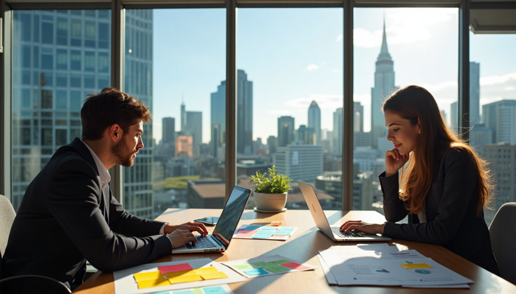Two business owners review financial statements in bright Auckland office