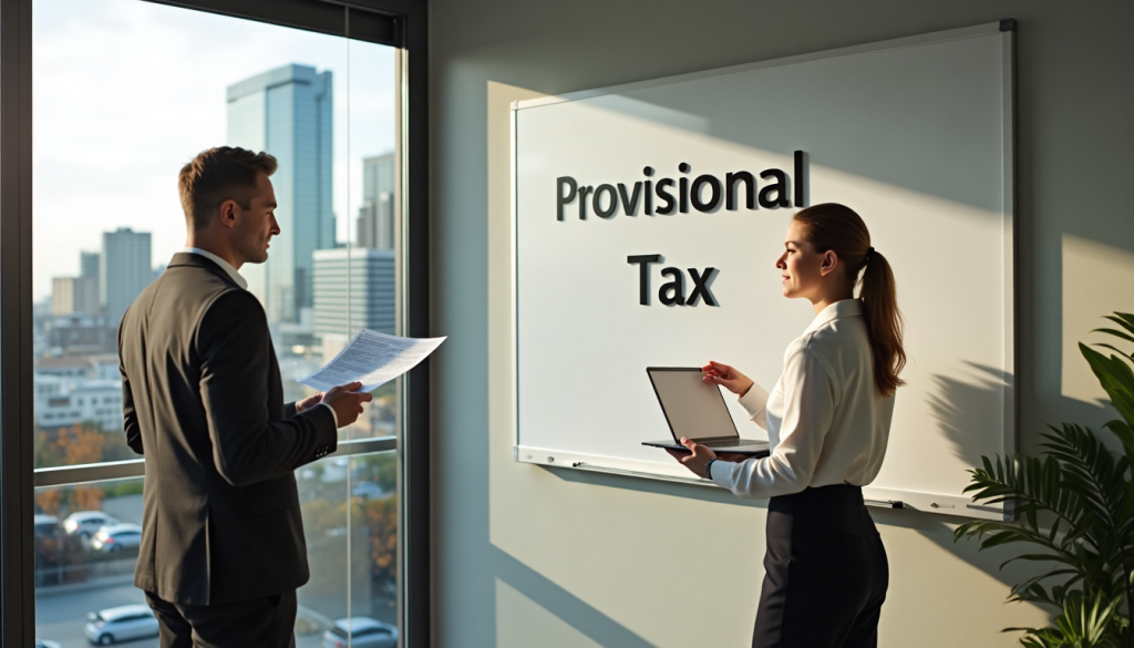 Auckland business owners reviewing provisional tax reports by a window