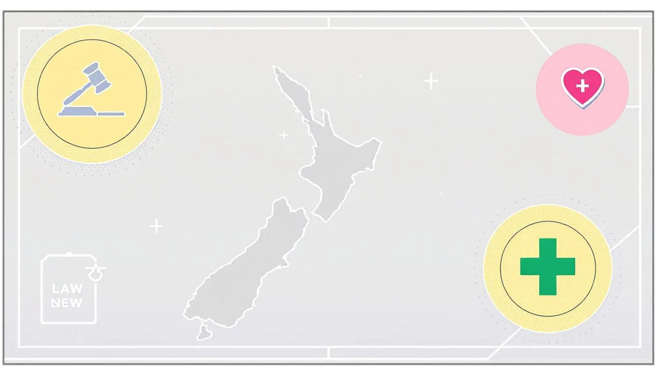 An illustrated map of New Zealand is surrounded by icons representing law, welfare, and health services, highlighting the various aspects of the country's taxation system, including income tax rates and tax credits. The visual emphasizes the importance of understanding how much tax individuals pay and the implications of different tax brackets on their total taxable income.