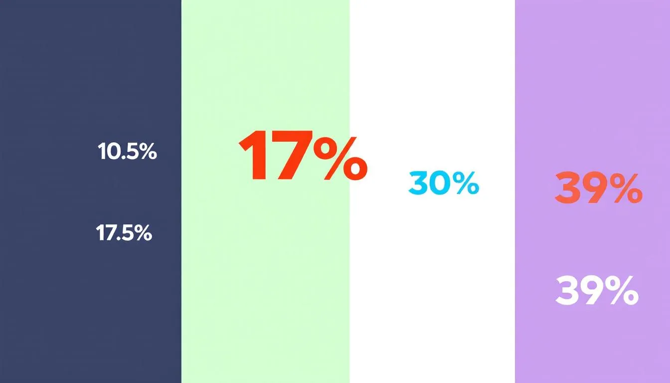 An infographic displays various income tax rates in New Zealand, featuring numbers 10.5%, 17.5%, 30%, 33%, and 39% in different sizes and colors, illustrating the progressive tax system and how much tax individuals pay based on their taxable income. The vibrant design emphasizes the different tax brackets and rates that apply during the tax year.