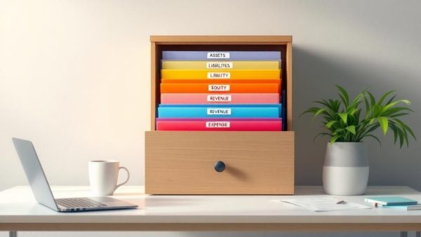 A drawer on tiop of a desk withi filing tabs on it representing a Chart of Accounts for an accounting system