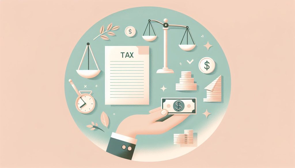 A cartoon infographic with scales, calculators and dollars representing considerations around Labour's Capital Gains Tax Plan (CGT)